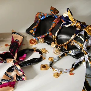 DIY stainless steel pendant silk scarf necklace bracelet set with leopard print and charms.
