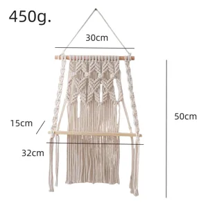 Macrame wall hanging shelf detail showing dimensions and wooden shelf structure clearly.