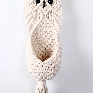 Handcrafted macrame owl wall hanging detail, beige cotton cord plant holder and decor.