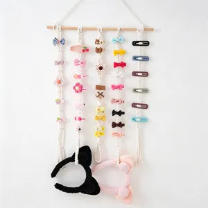 Cotton rope hair clip organizer wall hanging display for girls bow headband storage