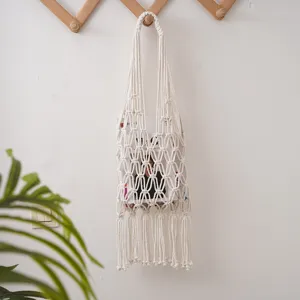 Handmade Woven Cotton Storage Bag Nordic Tassel Mesh Fruit Shopping Bag Hanging Organizer For Home Daily Living