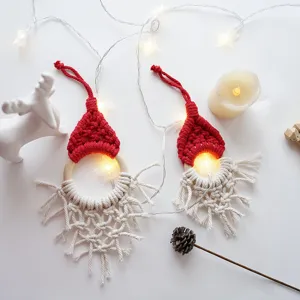 Handmade Macrame Christmas Gnome Santa Hat Wall Hanging Ornament Nordic Holiday Tree Decor