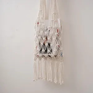 Handmade Woven Cotton Rope Bag Macrame Fruit Storage Bag Hanging Net Bag Detail View.