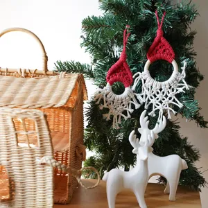 Nordic Christmas Tree Hanging Ornament Handmade Woven Cotton Rope Wood Ring Christmas Hat Wall Pendant Home Decor