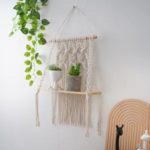 Handmade woven macrame wall hanging shelf with wooden board bohemian home decor storage rack