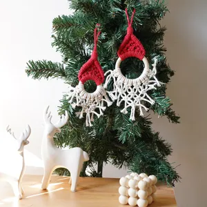 Handmade macrame Christmas tree ornament, bohemian woven Santa hat hanging pendant decor.