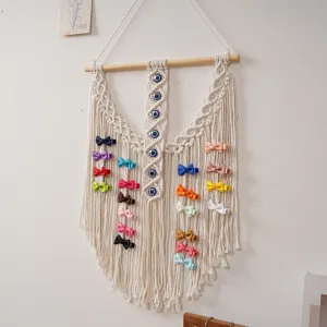 Tenture murale macramé bohème faite à main avec perles de mauvais œil, franges et jolies pinces.