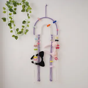 Handmade macrame hair clip holder boho cotton wall hanging organizer for girls hair accessories