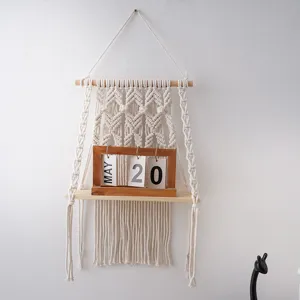 Bohemian woven wall hanging shelf, cotton cord tapestry with wooden board for home room decor.