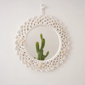 Handmade macrame wall hanging mirror with seashell decor, Nordic boho style room home decor.
