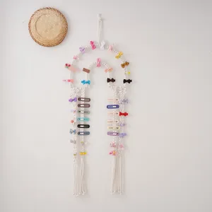 Macramé hair clip holder wall hanging bohemian cotton hair bow organizer for kids room decor