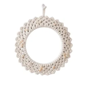 Handmade macrame round wall mirror with natural seashells, bohemian boho home decor for living room.