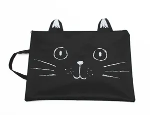 Detail shot of the black canvas cat document bag, showing cute chalk style face and ears.