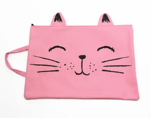 Pink canvas document bag with cute cat ears and face design, perfect A4 paper file organizer for school.