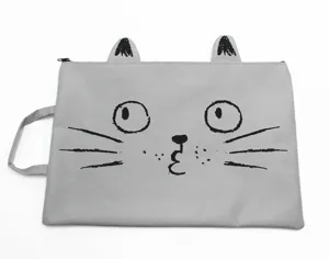 Grey canvas document bag detail, cute cartoon cat face print with 3D ears, A4 size storage pouch.