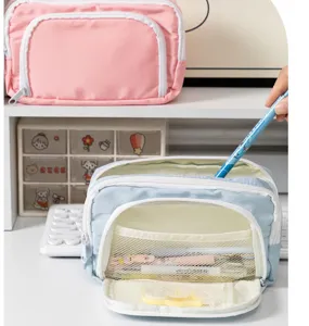 Large capacity student pencil case with front window, double layer canvas stationery bag for school.