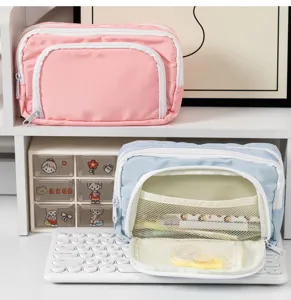 Detail shot of large capacity pencil case, multi-layer student stationery bag with front window.