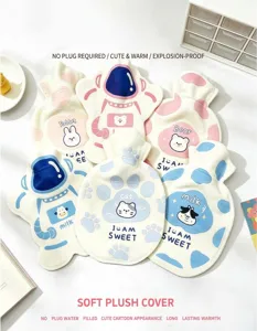Cute cartoon plush hot water bag hand warmer set with removable soft cover, sweet animal design.