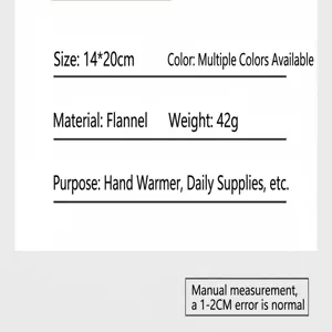 Plush rabbit hand warmer specification details, size 14x20cm, weight 42g, flannel material.