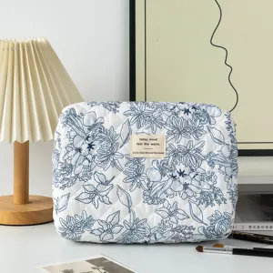 Vue détaillée d'une trousse de toilette matelassée à fleurs, idéale pour un rangement portable.
