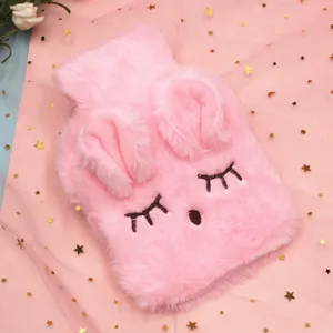 Cute pink plush hot water bottle featuring soft bunny ears and embroidered sleeping face for winter.