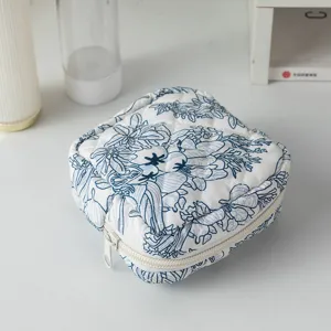 Jolie trousse de maquillage matelassée florale, pochette de rangement en coton portable.