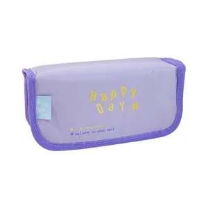 Macaron purple large capacity canvas pencil case, cute student stationery storage bag.