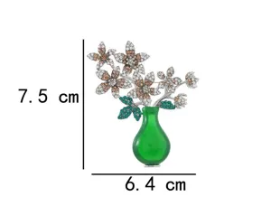 Vintage green vase crystal brooch pin with dimension 7.5x6.4cm, elegant Hanfu accessory