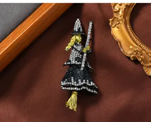 Vintage crystal witch brooch pin, gothic broom design sparkling rhinestone corsage for Halloween gift.