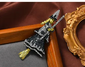 Vintage black crystal rhinestone witch broom brooch pin for Halloween party jewelry gift detail view.