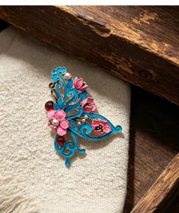 Broche papillon fleur email style chinois vintage bleu rose epingle pour robe hanfu cadeau