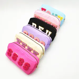 Colorful nylon cosmetic bag set, large capacity travel pouch with custom chenille letter patches.