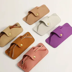 Soft microfiber glasses case detail showing multiple vibrant color options and buttons