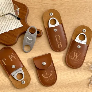 Custom stainless steel cigar cutter with PU leather pouch personalized name gift set