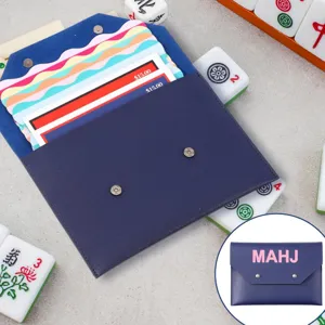 Blue PU leather mahjong rule card storage bag envelope pouch with magnetic snap for game cards.