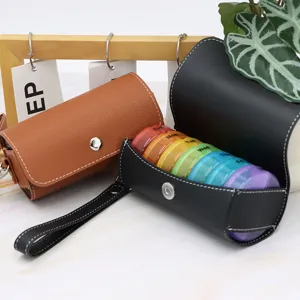 Detailed view of the 7-day weekly pill box with PU leather case and colorful compartments.