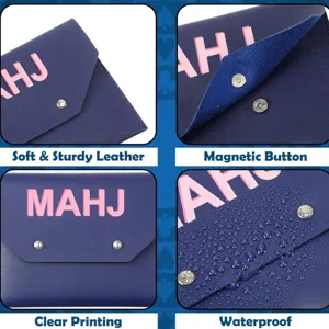 Detail view showing soft PU leather, magnetic snap button, and waterproof mahjong pouch.