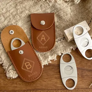 Stainless steel cigar cutter with PU leather protective case custom name engraved detail