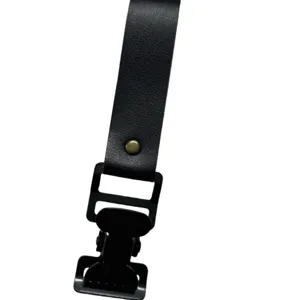 Black leather glove clip detail with metal buckle for outdoor motorcycle riding.