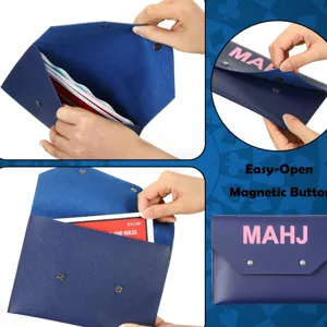 PU leather mahjong rule card storage bag with magnetic button for game card protection.