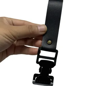 Black leather glove clip with metal buckle, anti-loss outdoor worker glove holder strap.