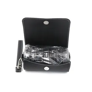 14-compartment weekly pill organizer detail, black PU leather case, portable daily vitamin box.