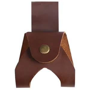 Brown leather axe holster for outdoor camping, durable tool sheath with snap button.