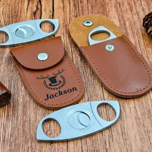 Stainless steel cigar cutter with PU leather protective case custom laser name gift set.