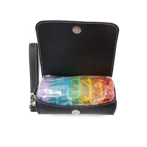 Portable PU leather weekly pill box detail showcasing colorful 7-day storage compartments inside.
