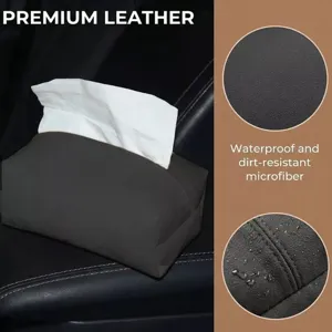 Dettaglio scatola di fazzoletti per auto in pelle impermeabile e resistente allo sporco.