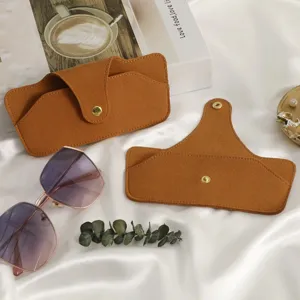 Details of brown microfiber glasses case with snap closure, stylish travel sunglasses bag.