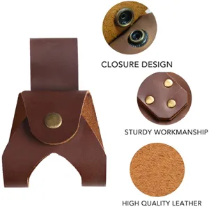 Leather axe sheath detail showing snap button, sturdy riveting, and premium cowhide texture.
