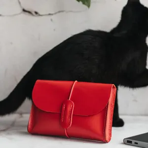 Detailansicht der roten Leder Organizer Tasche für Zubehör mit schwarzer Katze im Hintergrund.