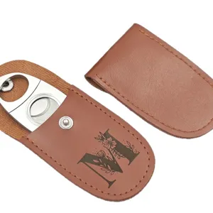 Brown PU leather cigar cutter sleeve with stainless steel cutter, custom floral M letter design